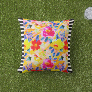 Orange Floral Striped Throw Pillow