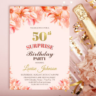 Orange Floral Surprise 50th Birthday Party Invitation