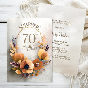 Orange Floral Surprise 70th Birthday Party Invitation