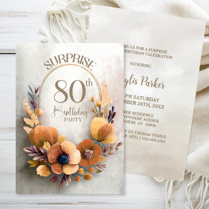 Orange Floral Surprise 80th Birthday Party Invitation