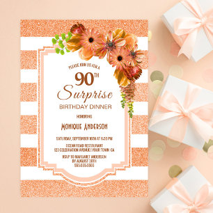 Orange Floral Surprise 90th Birthday Dinner Party Invitation