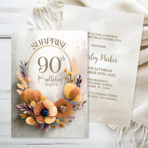 Orange Floral Surprise 90th Birthday Party Invitation