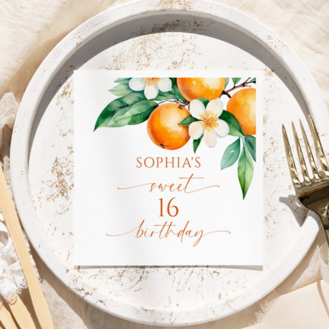 Orange Floral Sweet 16 Birthday Party Napkin (Creator Uploaded)