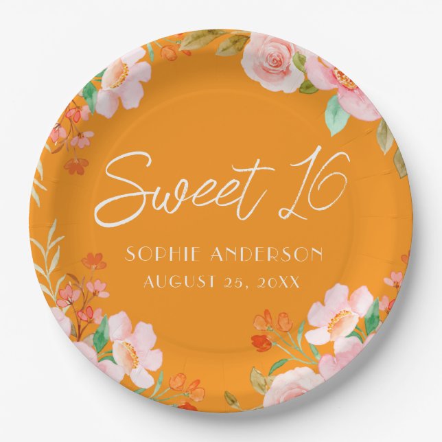 Orange Floral Sweet 16 Birthday Party Plate (Front)