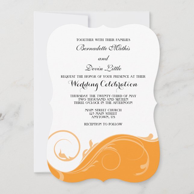 Orange Floral Swirl Bracket Wedding Invites (Front)