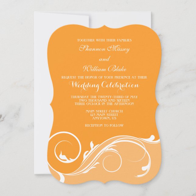 Orange Floral Swirl Bracket Wedding Invites (Front)