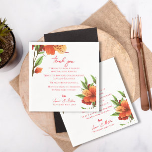 Orange Floral Trendy Wedding Thank you Message Napkin