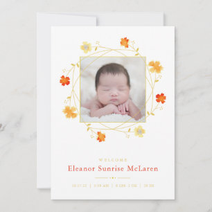Orange Floral Watercolor Birth Announcement