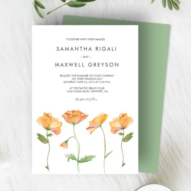 Orange Floral Watercolor Poppies Wedding Invitation (Creator Uploaded)