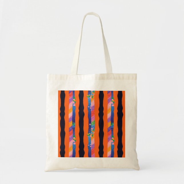 Orange Floral Wavy Stripe Pattern Tote Bag (Front)