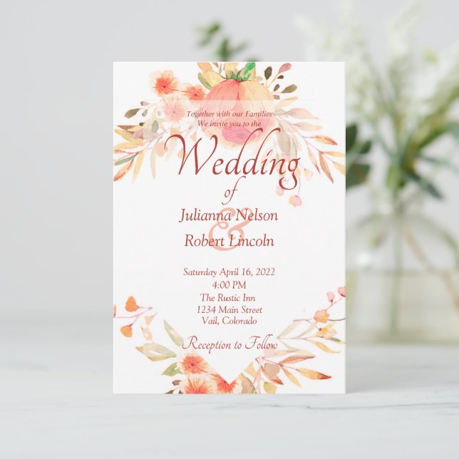 Orange floral  wedding invitation (Standing Front)