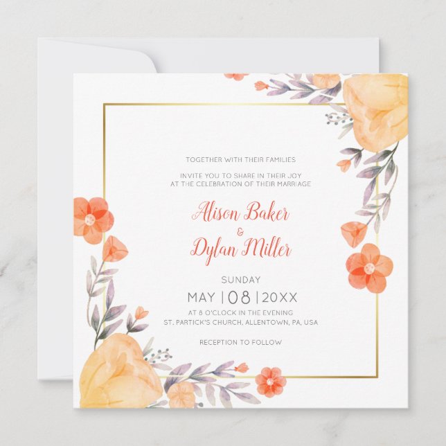 Orange Floral Wedding Invitation Card (Front)
