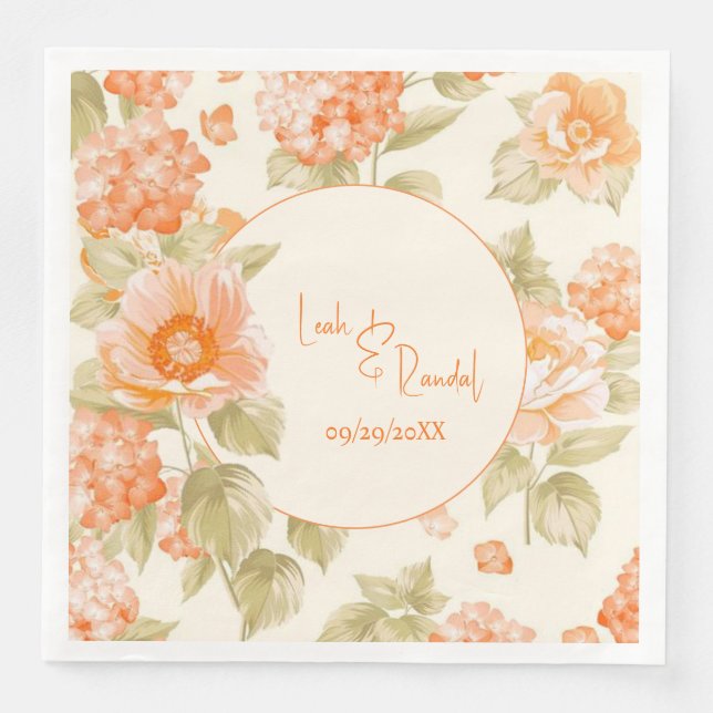 Orange Floral Wedding Paper Dinner Napkins (Front)