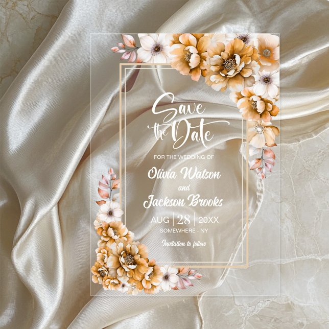 Orange Floral Wedding Save the Date Acrylic Invitations (Creator Uploaded)