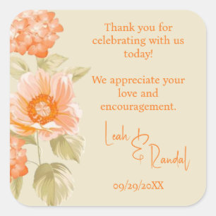 Orange Floral Wedding Square Sticker