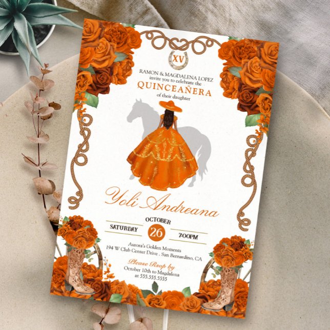 Orange Floral Western Charra Quinceanera Invitation (Creator Uploaded)
