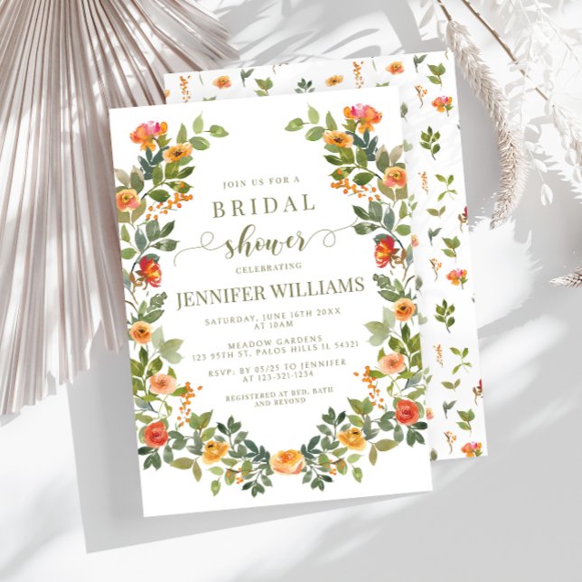 Orange floral wreath Bridal Shower Invitation (Creator Uploaded)