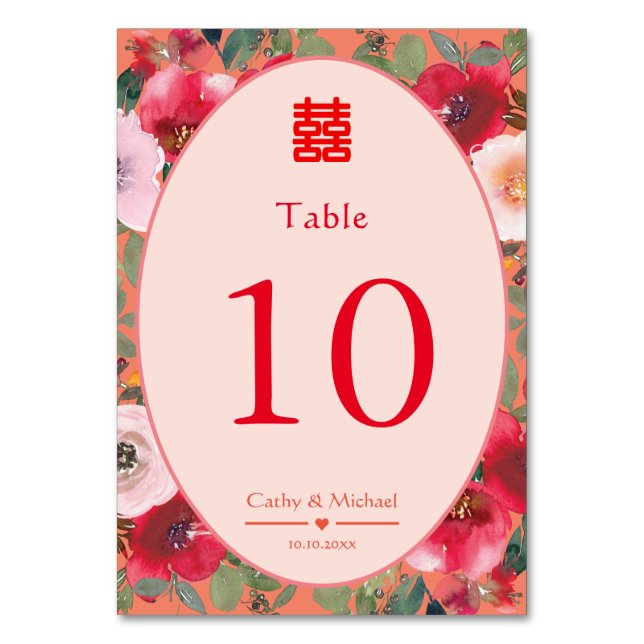 Orange floral wreath Chinese wedding reception Table Number (Front)