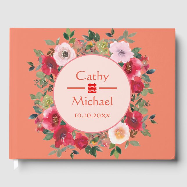 Orange floral wreath Chinese wedding tea ceremony Guest Book (Front)