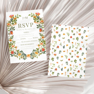 Orange floral wreath rustic wedding RSVP cards