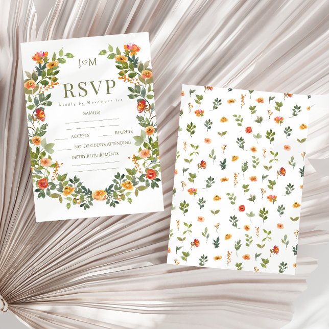 Orange floral wreath rustic wedding RSVP cards (Creator Uploaded)