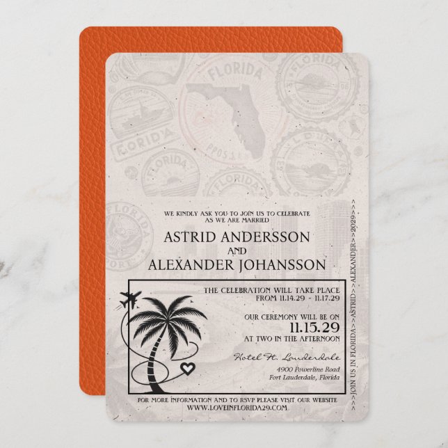 Orange Florida Passport Wedding Invitation (Front/Back)