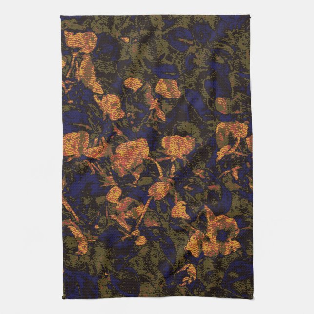 Orange flower against leaf camouflage pattern tea towel (Vertical)