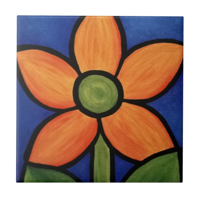 Orange Flower Blue Sky Colourful Painting Tile (Front)