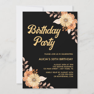 Orange Flower Botanical Gold Black Birthday Invitation