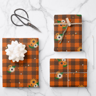 Orange Flower Chequered Gift Wrapping Paper Set