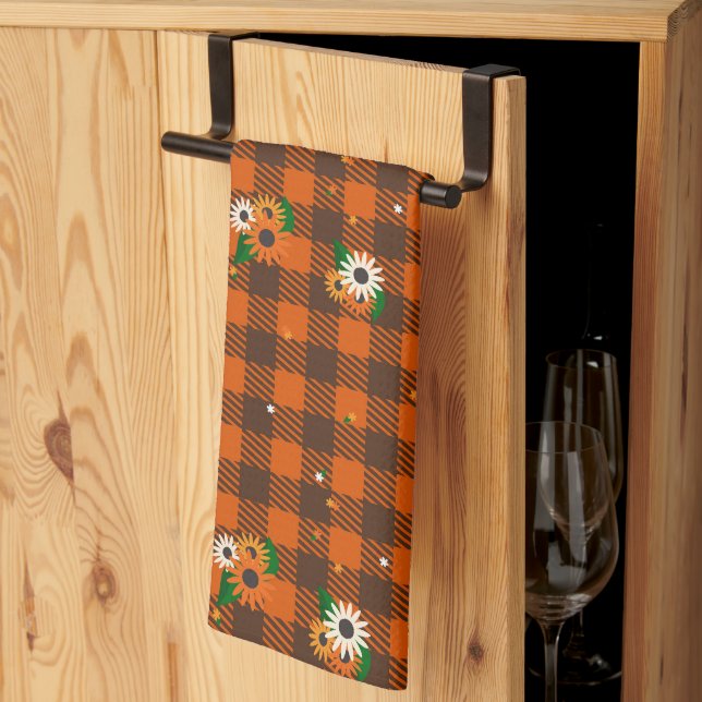 Orange Flower Chequered Kitchen Towel (Thirds Fold)