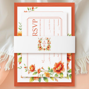 Orange flower crest and initials floral wedding invitation belly band