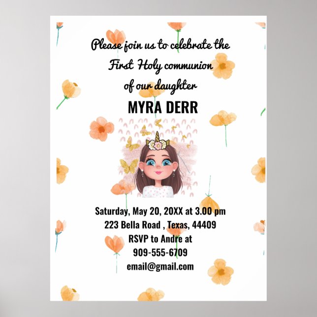 Orange flower Girl First Holy Communion Invitation Poster (Front)