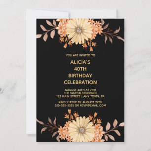 Orange Flower Gold Typography Black Birthday Invitation