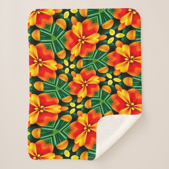 Orange Flower Pattern Sherpa Blanket (Front)