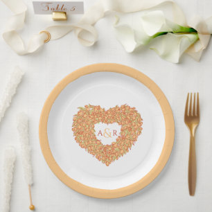 Orange flower wedding tulip heart bouquet monogram paper plate