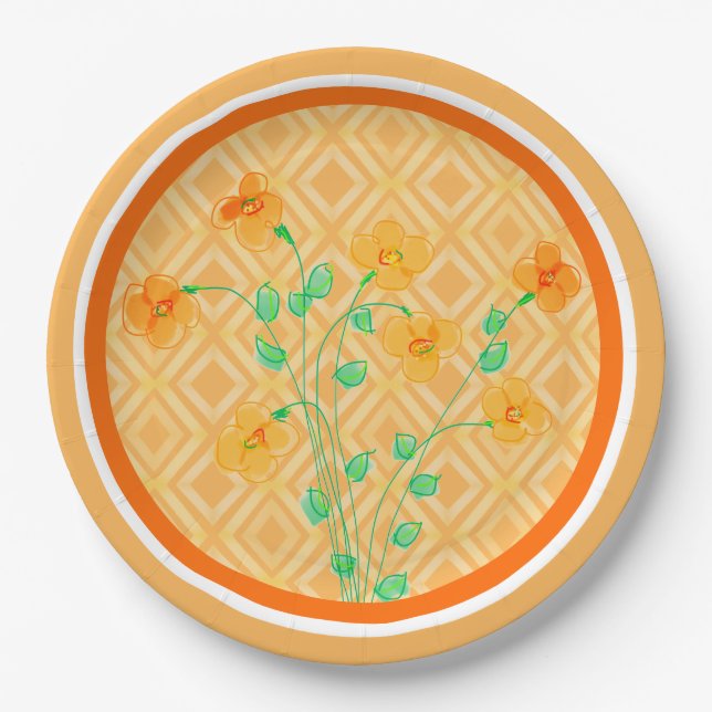 Orange Flowered Paper Party Plates (Front)