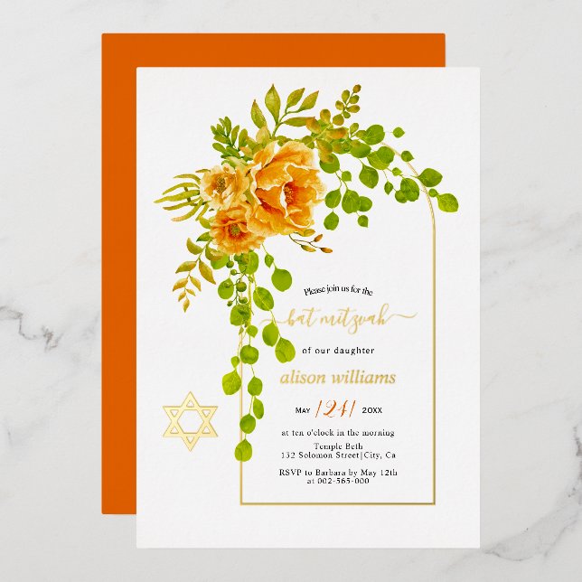 Orange flowers and arch Bat Mitzvah gold foil (Front/Back)
