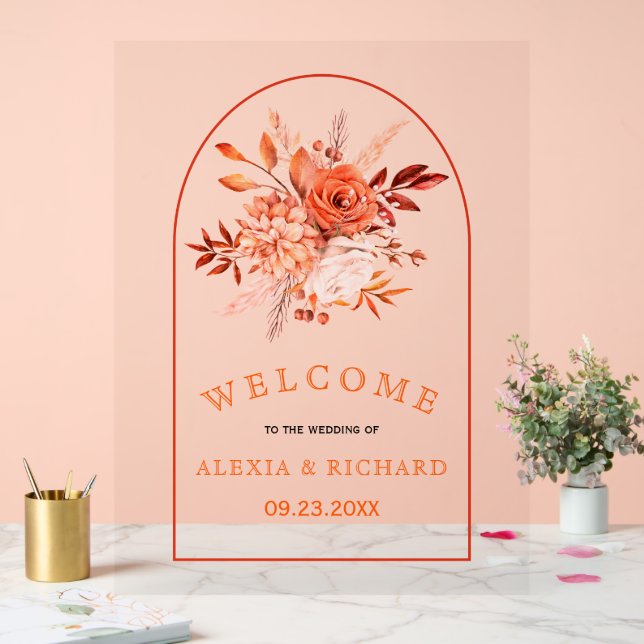 Orange flowers and arch floral welcome wedding acrylic sign (Wedding)