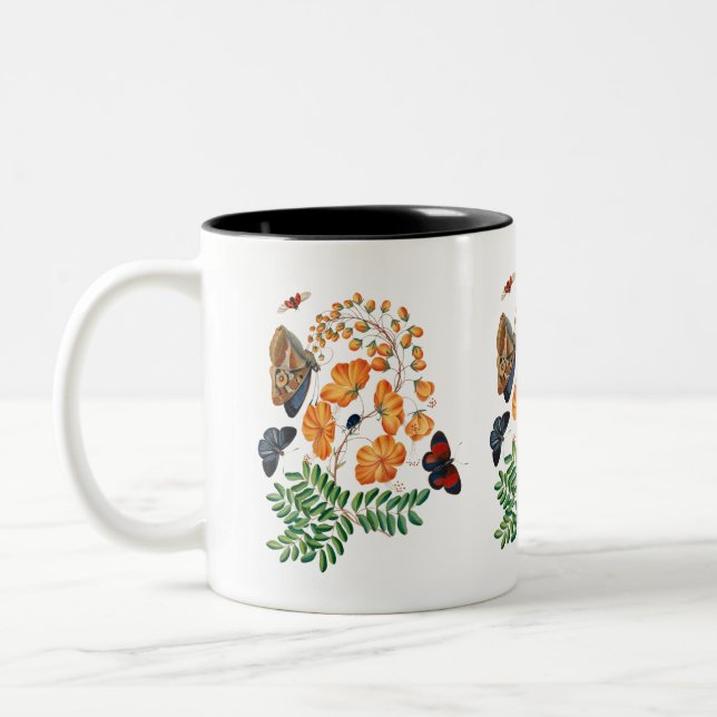 Orange flowers and butterflies Two-Tone coffee mug (Left)