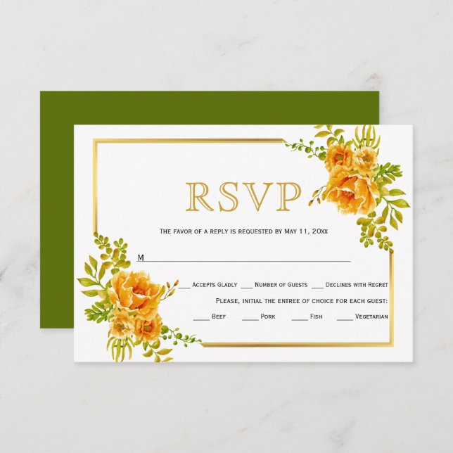 Orange flowers and gold frame wedding RSVP card (Front/Back)
