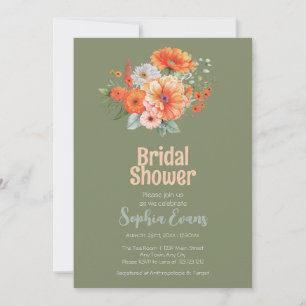 Orange Flowers and Greenery Green Bridal Shower Invitation