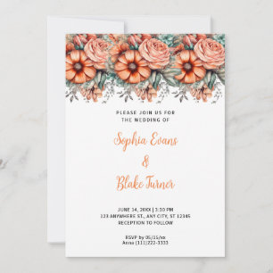 Orange Flowers and Greenery White Wedding Invitation