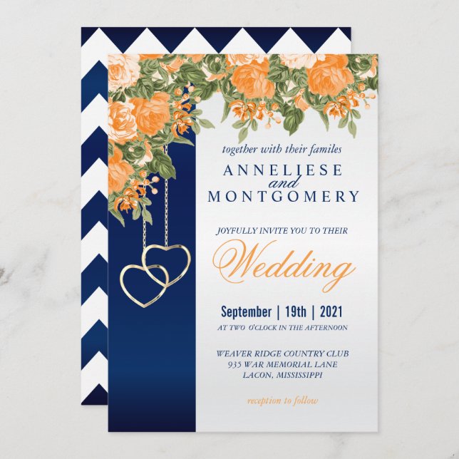 Orange Flowers and Navy Blue Invitation (Front/Back)