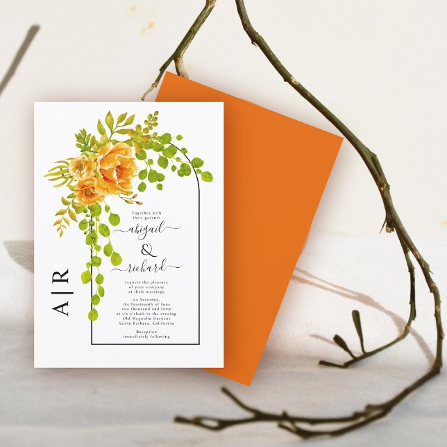 Orange flowers, arch and monogram fall wedding invitation (Creator Uploaded)