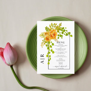 Orange flowers, arch and monogram fall wedding menu