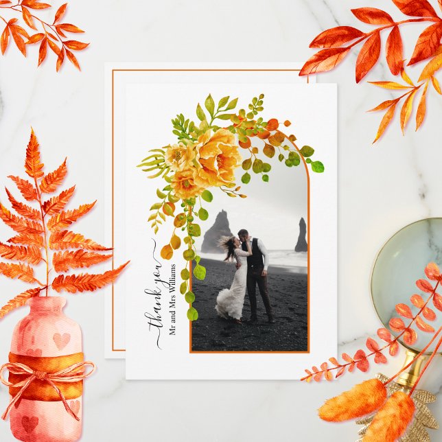 Orange flowers, arch with photo fall wedding  thank you card (Creator Uploaded)