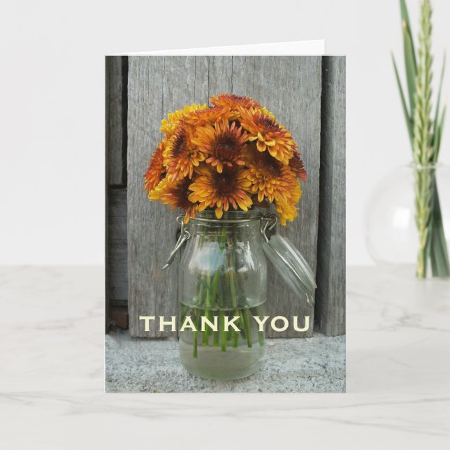 Orange Flowers & Barn Wood Thank You Card (Front)