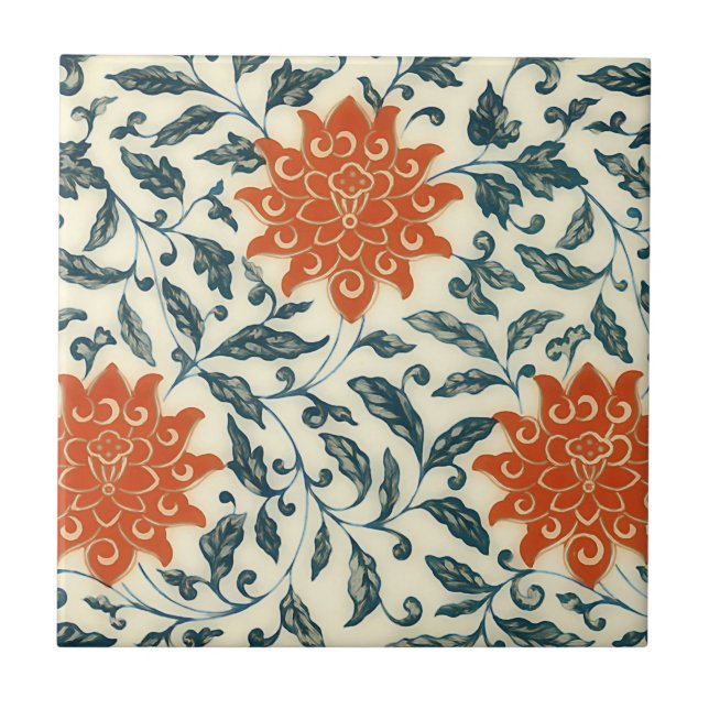 orange flowers - blue stem - Chinese pattern Tile (Front)