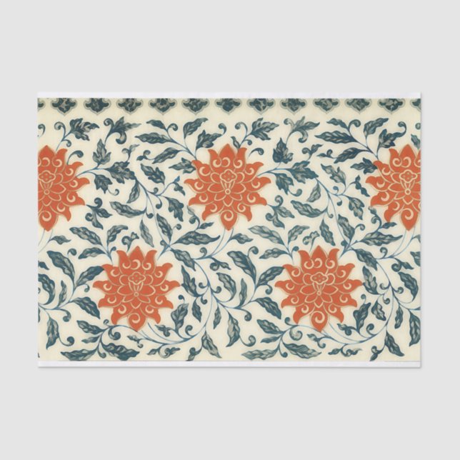 orange flowers - blue stem - Chinese pattern Tissue Paper (Front)